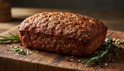 Detailed Close-Up of Freshly Baked Meatloaf on Weathered Butcher Block