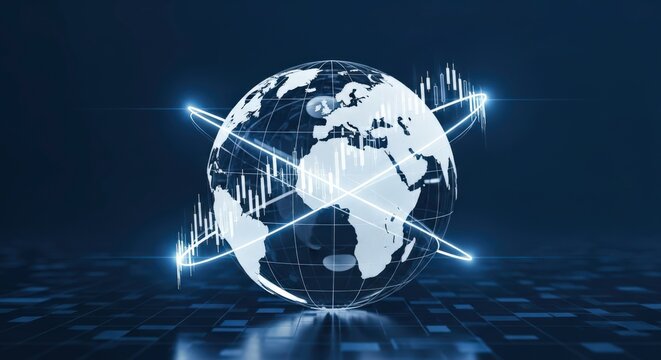 Global Financial Markets and Economic Growth Illustrated with Earth and Stock Charts.