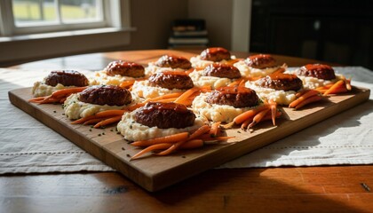Meatloaf and Mashed Potatoes with Carrots on a Farm Board