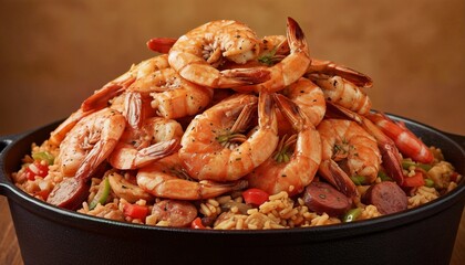 Overhead angle close-up of jumbo shrimp on vibrant jambalaya, Southern cuisine.