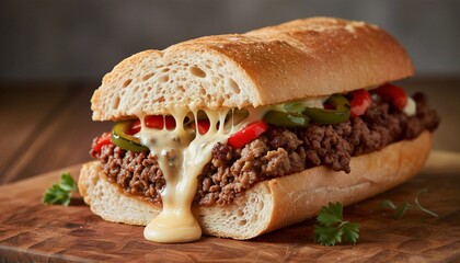 Artisanal cheesesteak with minced beef, fontina, and grilled bell peppers.