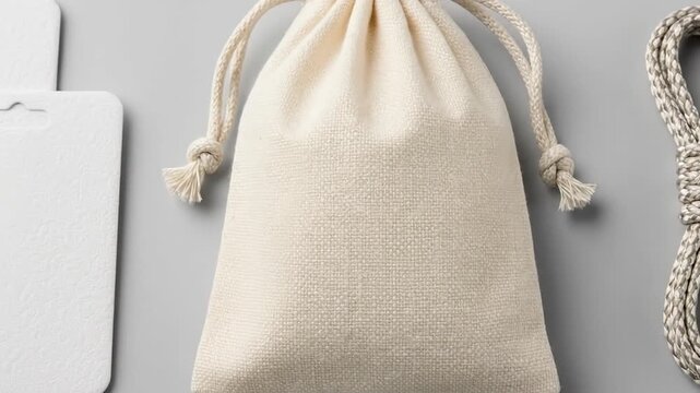 Minimalist composition of various blank fabric accessories on neutral background