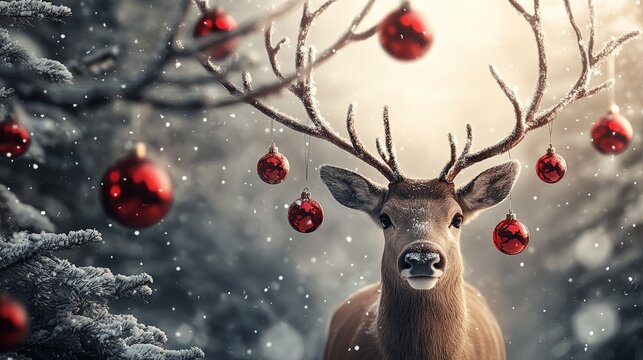 Reindeer with large antlers, red ornaments dangling from each branch, winter wonderland setting, photorealistic .