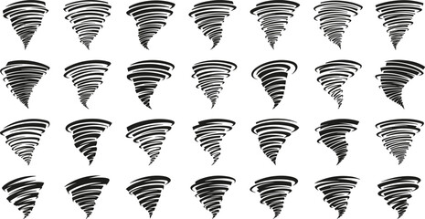 Large collection of black tornado vector silhouettes featuring various whirlwind shapes, isolated on white background for storm weather logo or danger symbol design.