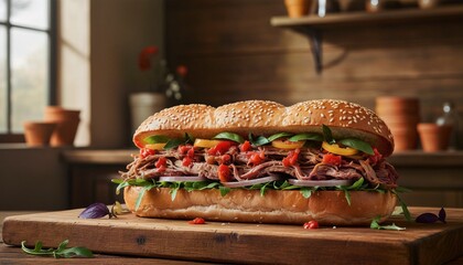 Artisan Cheesesteak with Spicy Pepper Relish on Sesame Seeded Brioche Bun