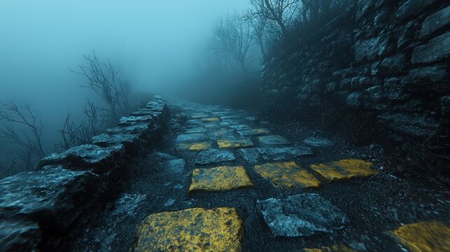 Foggy stone path, yellow blocks, lined by rock wall and trees into the mist