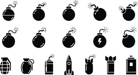 Set of black vector bomb icons featuring round cartoon explosives with burning fuses, hand grenades, and missiles, isolated on white background for war design. © Fuad Creatives 