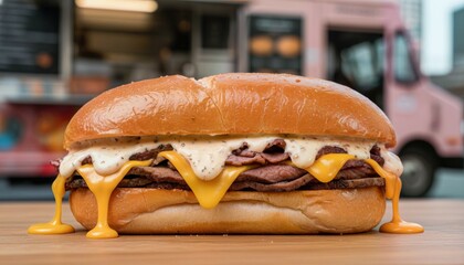 Delicious cheesesteak with melted cheddar and prime Angus beef in a bustling city food truck setting