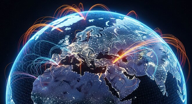 Global Network Connections and Digital Data Flow Across Earth at Night.