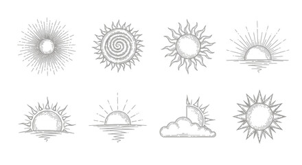 Collection of detailed, stylized sun illustrations in various artistic designs, all in grayscale.