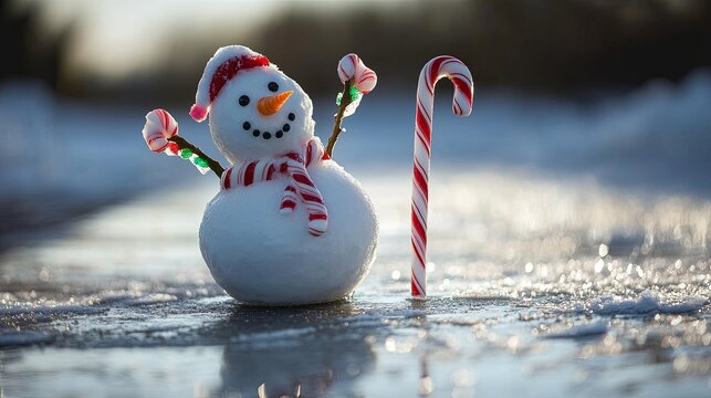 snowman slipping on ice while holding candy canes .