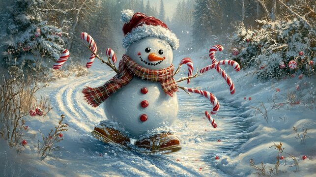 snowman slipping on ice while holding candy canes .
