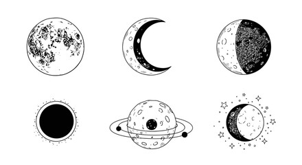 Six celestial bodies including moon phases, a planet with rings, and a solar eclipse, illustrated in black and white.