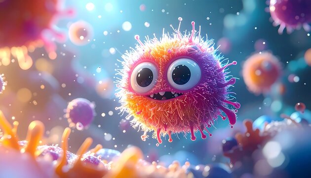 Whimsical, fluffy, cartoon-like germ with a big smile amidst other microbes