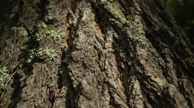 Environmental integration: Bark as an integral part of a larger ecosystem, showing how moss, lichen, or small insects interact with its surface in a forest setting.
