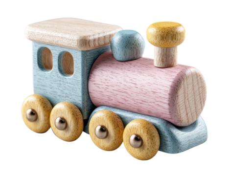 Pastel toy train blue, pink, yellow wood with round wheels