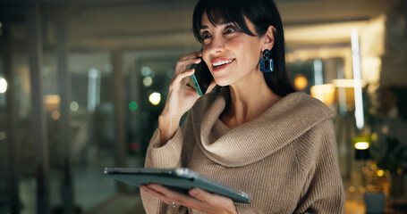 Tablet, business woman and phone call at night for client negotiation, investment deal and feedback. Finance manager, mature person and contact global investor for funding proposal or bokeh in office