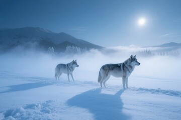 Naklejka premium Two wolves standing on a snowy landscape under a bright sun with mist and mountains in the background