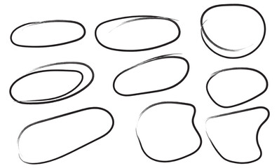 Hand-drawn black oval shapes on white background. Simple sketch-style black ovals arranged on a white rectangle, ideal for design elements, placeholders, outlines, icons, or abstract graphic design. 
