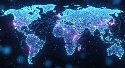 Global Network Connections Digital World Map Glowing Blue and Purple Lights.