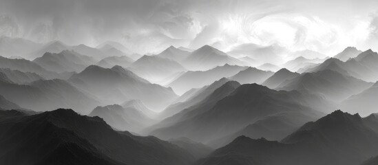 Monochromatic mountain range shrouded in mist, layered peaks receding into a bright, hazy sky