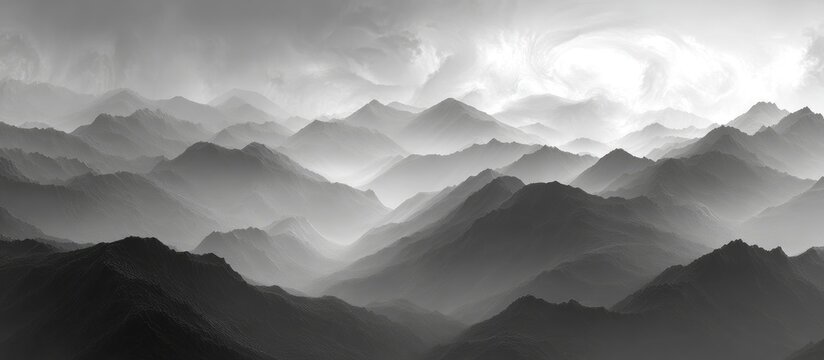 Monochromatic mountain range shrouded in mist, layered peaks receding into a bright, hazy sky - Powered by Adobe