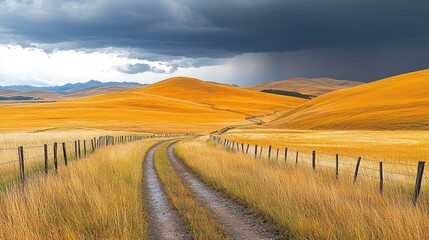 Grassy hills, winding dirt road, stormy sky, and fence. Bright golden hue landscape