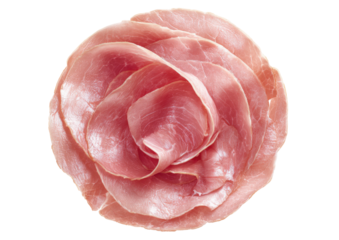 Ham slices delicately arranged as a rose on a black backdrop