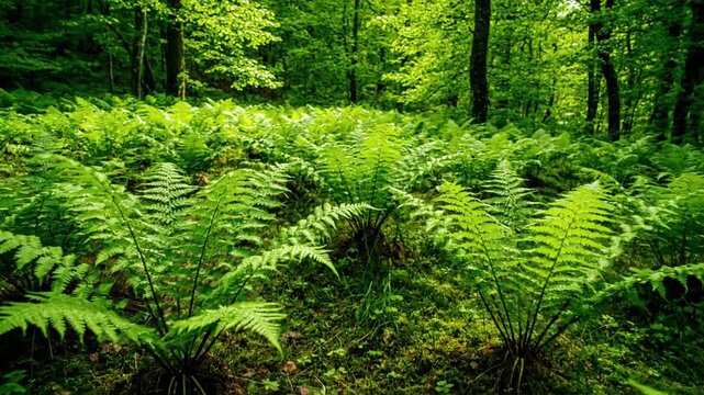 A serene wide shot of a lush forest floor completely carpeted with various species of vibrant green ferns, showcasing the dense, tranquil undergrowth of an ancient woodland.