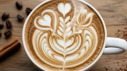 An exquisite close-up shot of a steaming hot coffee in a crisp white cup, featuring meticulously crafted latte art with intricate heart and elegant leaf patterns. The rich brown espresso and creamy wh - Powered by Adobe