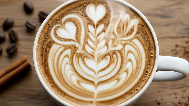 An exquisite close-up shot of a steaming hot coffee in a crisp white cup, featuring meticulously crafted latte art with intricate heart and elegant leaf patterns. The rich brown espresso and creamy wh