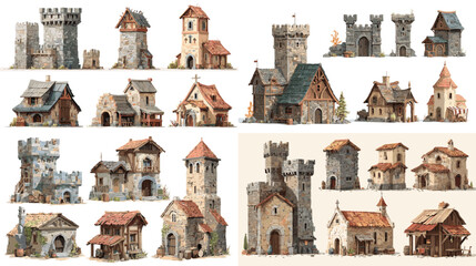 Detailed medieval building illustrations featuring stone towers, rustic cottages, fortified walls, and old village houses with historic European architectural style.