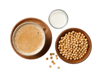 Soy milk drink with beans and glass of milk, top view