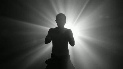 A dark figure of a martial arts master practices his skills, performing various stances in front of a powerful white light, creating radial rays of illumination. - Powered by Adobe