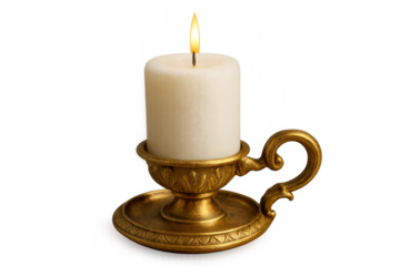 Burning pillar candle in vintage gold candlestick holder illuminating light, faith, memory, and spirituality on transparent background