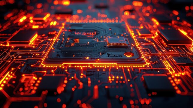Illuminated circuit board with glowing orange traces & components, shallow depth field