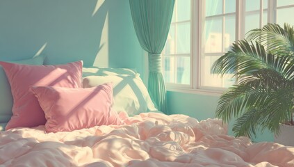 Sunlit bedroom with teal walls, pink bedding, and a potted palm plant near a window with sheer teal curtains.  Warm, soft light bathes the scene