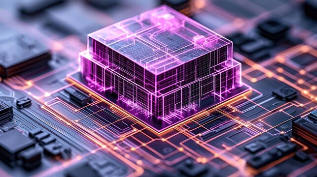 Illuminated cube on circuit board with orange glow - Powered by Adobe