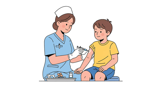 Child receiving vaccination from a nurse in a medical setting, illustration