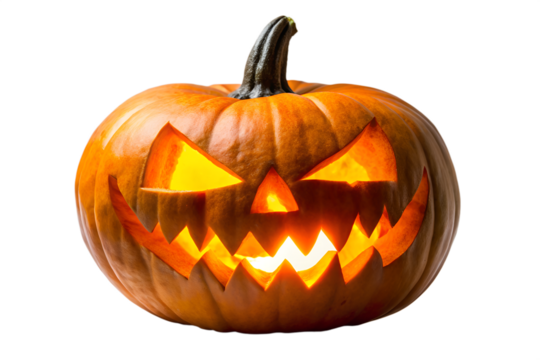 Scary Glowing Jack O'Lantern with Angry Evil Face and Jagged Teeth Lit from Inside - Halloween Pumpkin PNG Isolated on Black Background