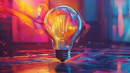 Lightbulb with colorful liquid explosion around it, against a blurred neon background