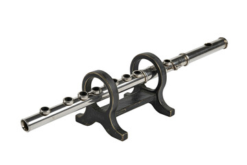 Silver flute on a black stand isolated on transparent background