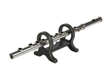 Silver flute on a black stand isolated on transparent background