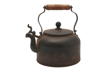 Antique cast iron teapot with wooden handle isolated on transparent background