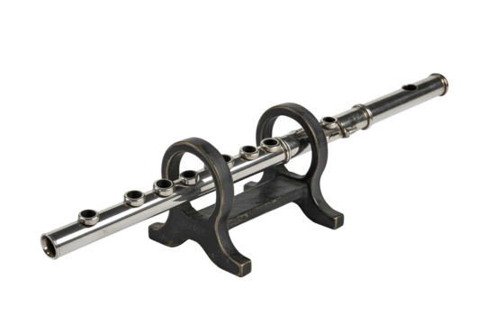 Silver flute on a black stand isolated on transparent background