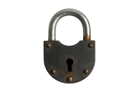 Vintage rusty padlock isolated on transparent background