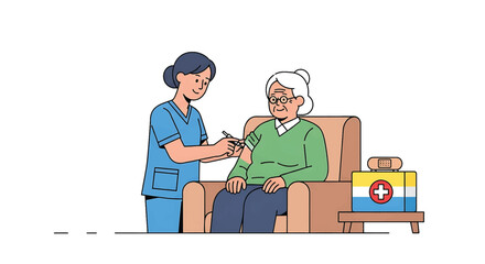 Elderly woman receiving vaccination from a nurse in a clinic or care home setting