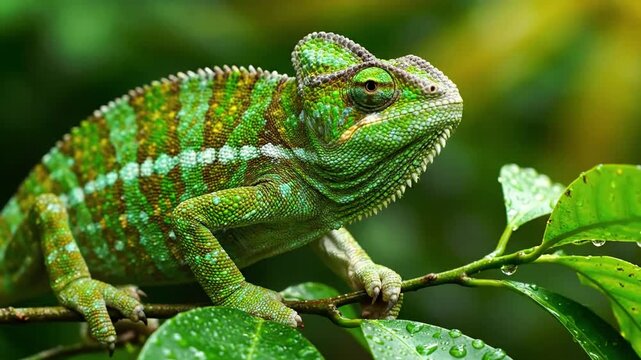 Camouflage Masterpiece: Highlighting the chameleon's incredible ability to change skin coloration to seamlessly blend with its surrounding foliage, showcasing natural adaptation.