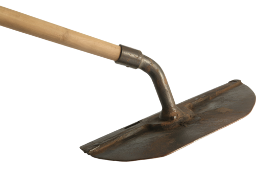 Close up of a garden hoe tool with wooden handle isolated on transparent background