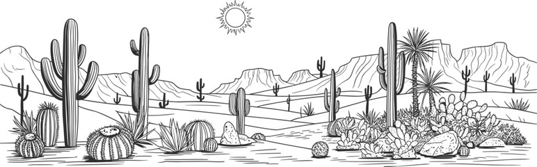 Black and white desert landscape illustration with cactus plants, sun, mountains, and sand dunes, hand drawn line art nature scenery